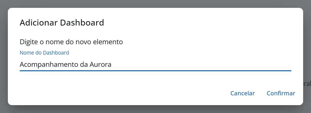 Janela Adicionar Dashboard com o nome Acompanhamento da Aurora digitado, sobre a Customização do B.I da Aurora Comércio Ltda