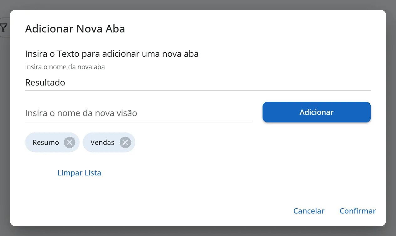 Janela Adicionar Nova Aba com o nome Resultado e as sub-abas Resumo e Vendas como etiquetas