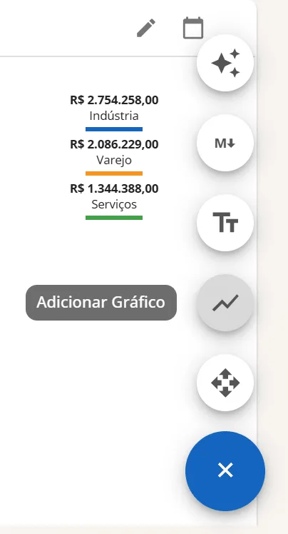 Botão redondo aberto com Análise Inteligente, Markdown, Título, Gráfico e Mover botão flutuante, com a dica Adicionar Gráfico