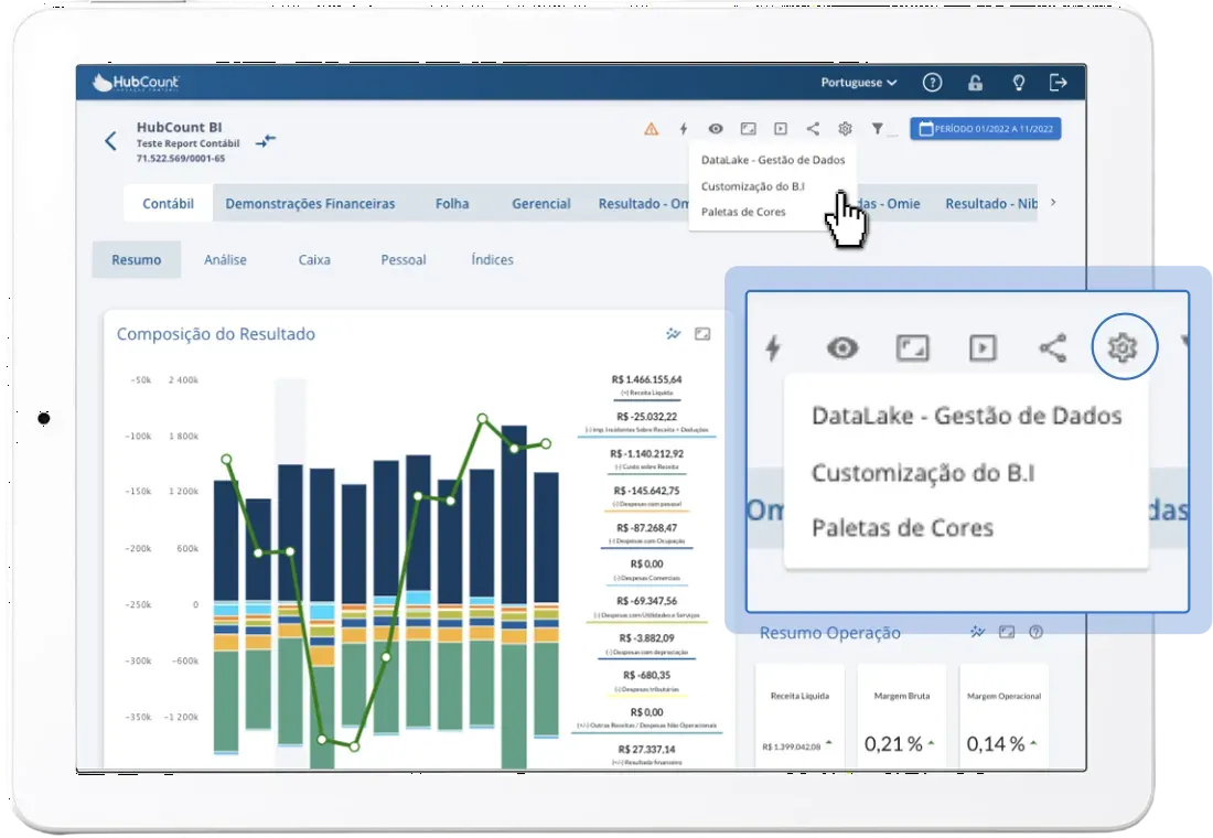 Menu de customização do HubCount BI com a opção Demonstrações financeiras