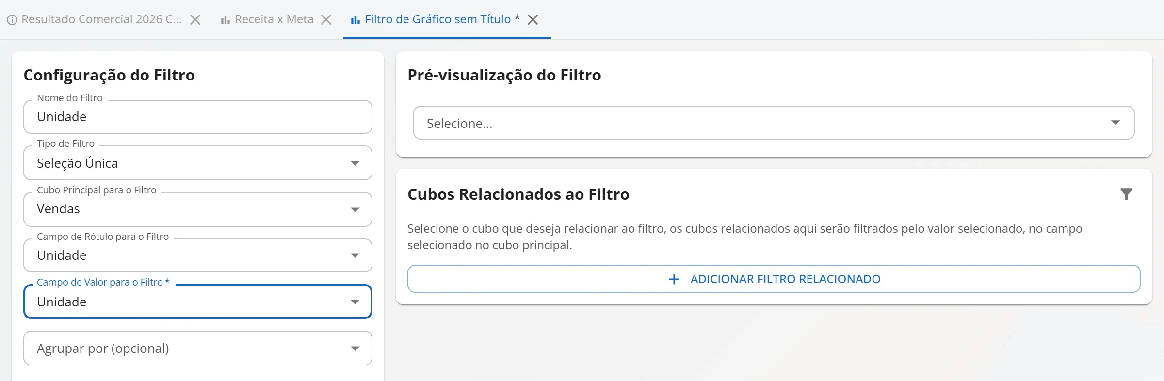 Editor do filtro Unidade com Seleção Única, cubo Vendas, Unidade como campo de rótulo e de valor, a prévia do filtro e a seção Cubos Relacionados ao Filtro