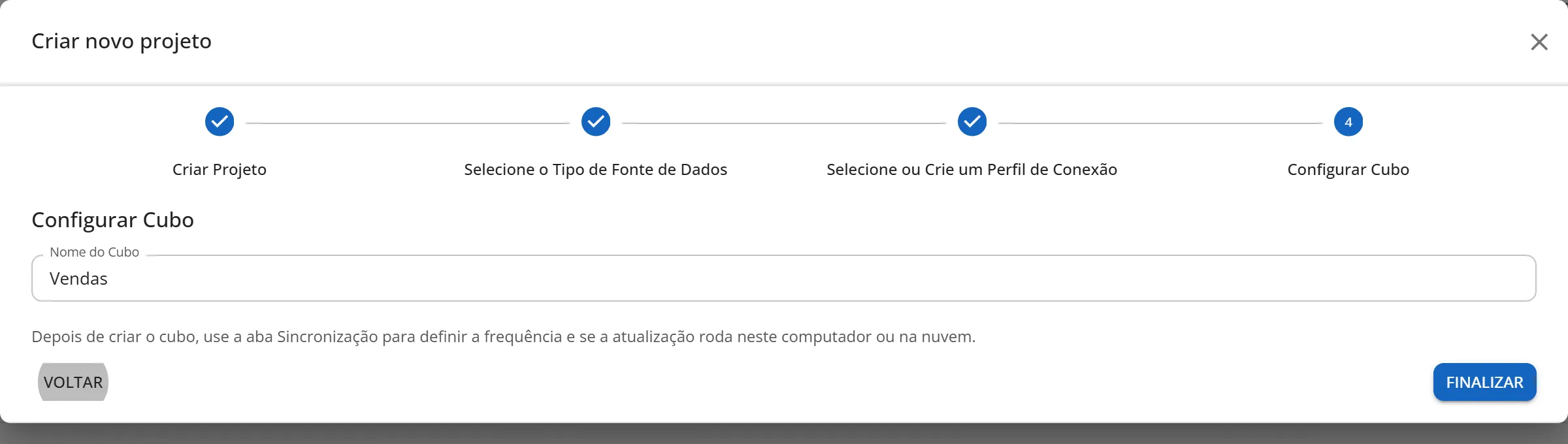 Última etapa, Configurar Cubo, com o nome do cubo Vendas e o botão Finalizar