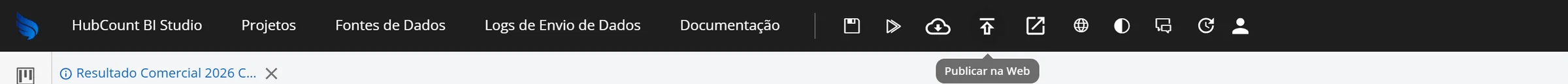 Cabeçalho do HubCount BI Studio com a dica Publicar na Web sobre o ícone de seta para cima, ao lado dos ícones de salvar, executar todos os cubos, carregar últimos dados enviados e abrir dashboard web