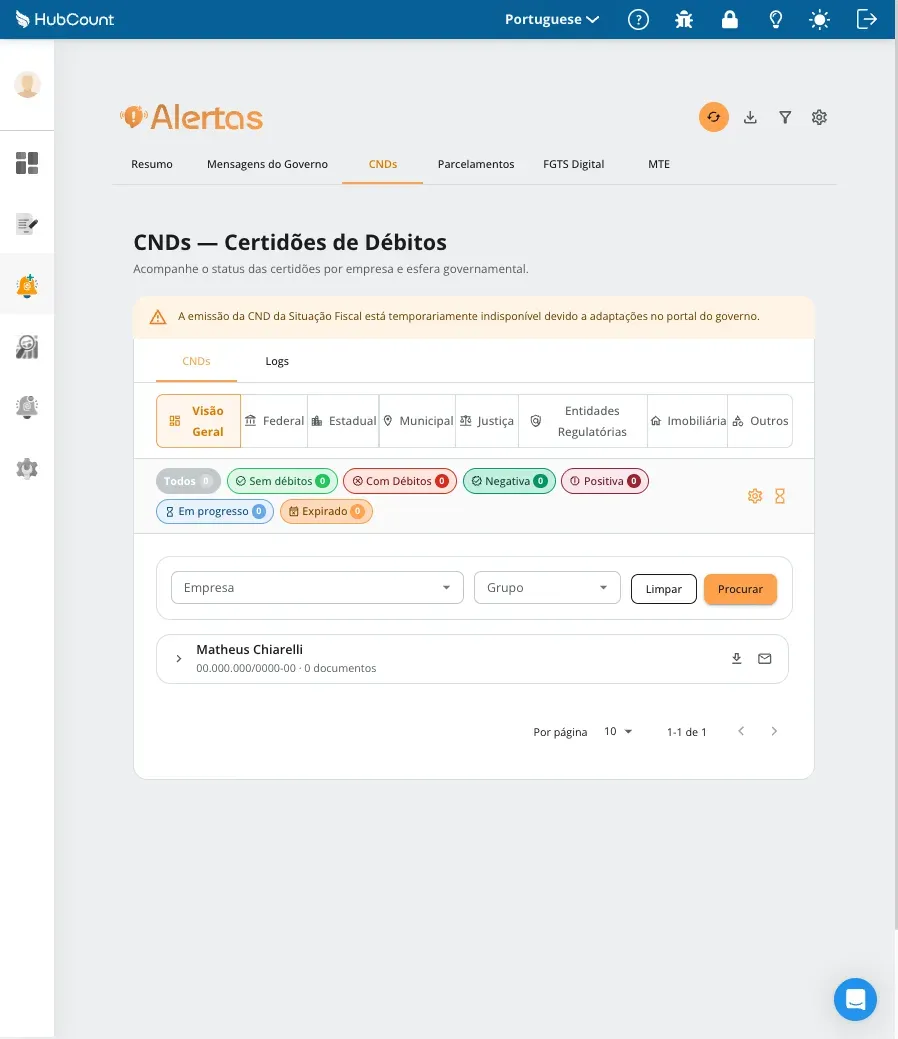 Tela do HubCount Alertas: Monitore e busque automaticamente as CNDs de toda a carteira