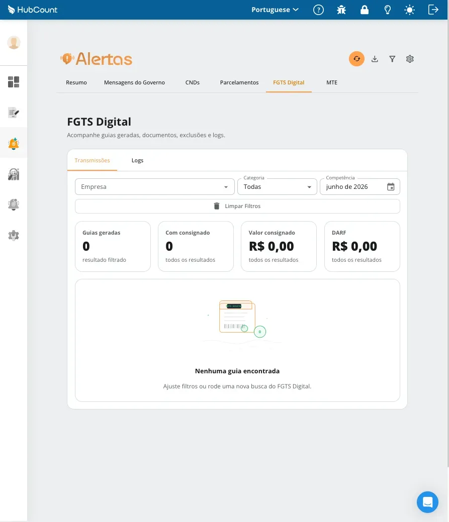 Tela do HubCount Alertas: Gere as guias do FGTS Digital em lote