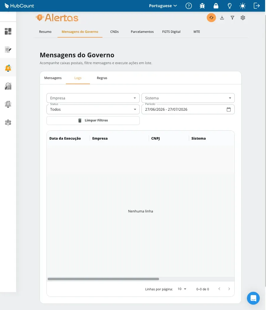 Tela do HubCount Alertas: Tenha controle total das mensagens do governo em um único lugar