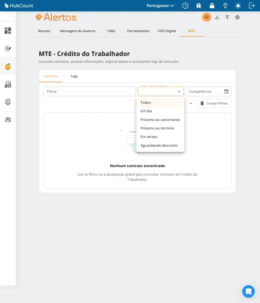 Tela do HubCount Alertas: Controle dos empréstimos consignados dos funcionários dos seus clientes