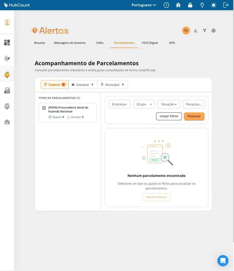 Tela do HubCount Alertas: Saiba quais clientes estão em dia e quais estão em atraso no Simples Nacional