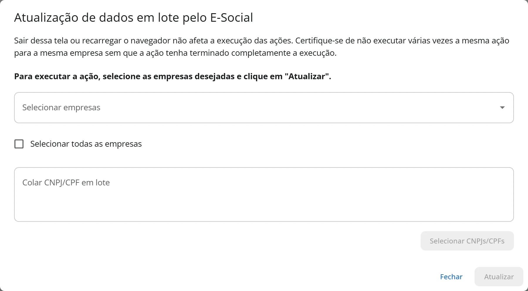 Janela de atualização em lote pelo eSocial com três empresas marcadas, entre elas a Aurora Comércio Ltda, e o botão Atualizar