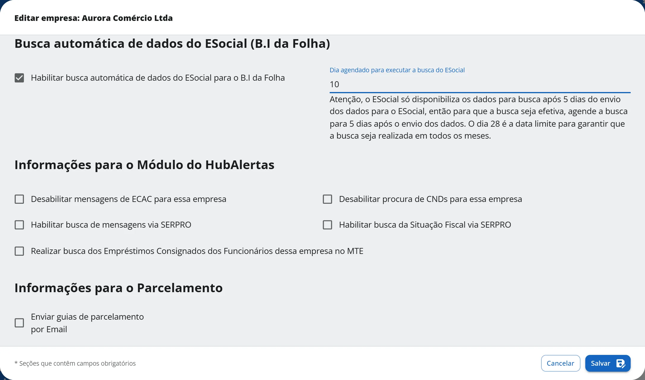 Cadastro da Aurora Comércio Ltda na aba Outras Informações, seção de busca automática do eSocial com a caixa marcada, o dia 10 e o aviso sobre os 5 dias