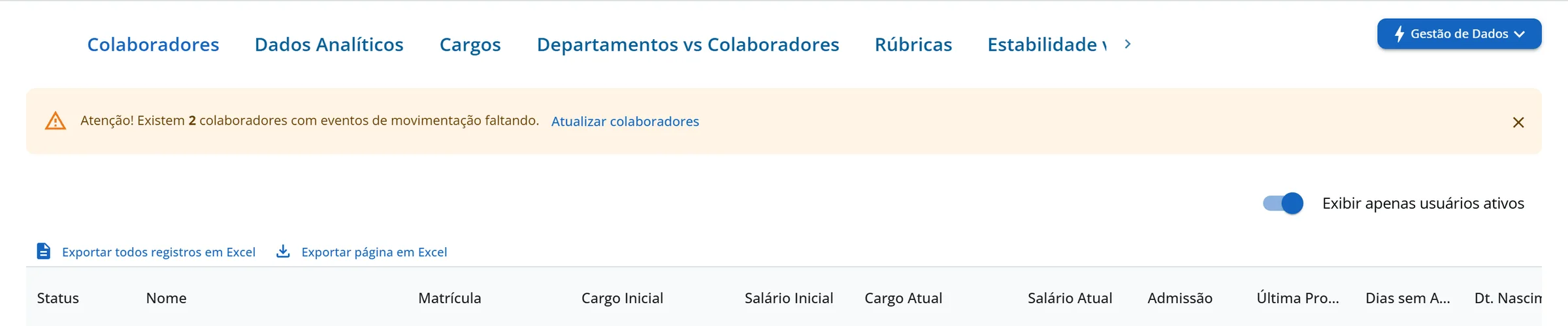 Aba Colaboradores da Aurora Comércio Ltda com a faixa amarela Atenção! Existem 2 colaboradores com eventos de movimentação faltando e o botão Atualizar colaboradores