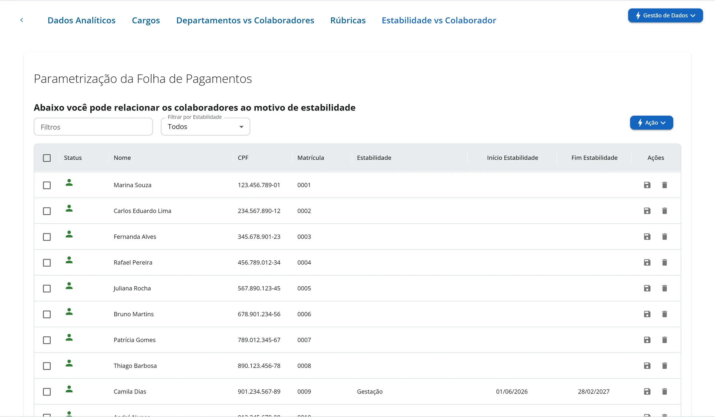 Aba Estabilidade vs Colaborador da Aurora Comércio Ltda com o título Parametrização da Folha de Pagamentos, a barra de filtros, o botão Ação e a tabela de colaboradores com uma linha com estabilidade Gestação