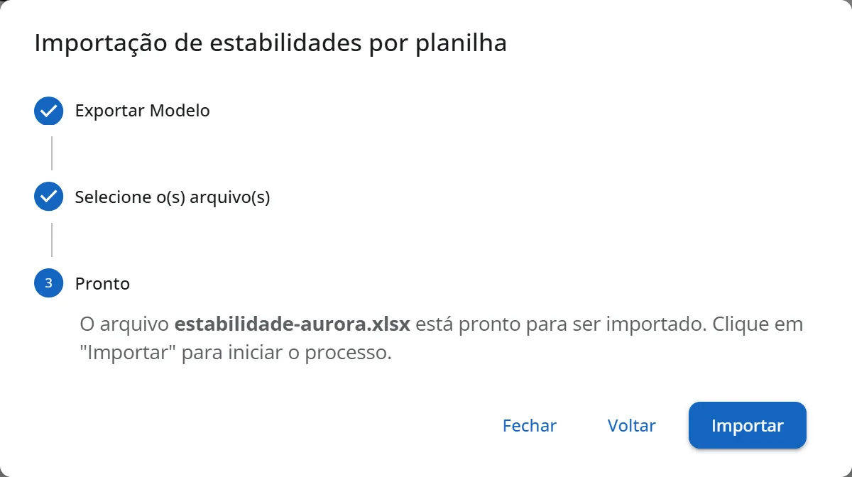 Janela Importação de de-paras por planilha no passo Pronto, com o arquivo estabilidade-aurora.xlsx e o botão Importar