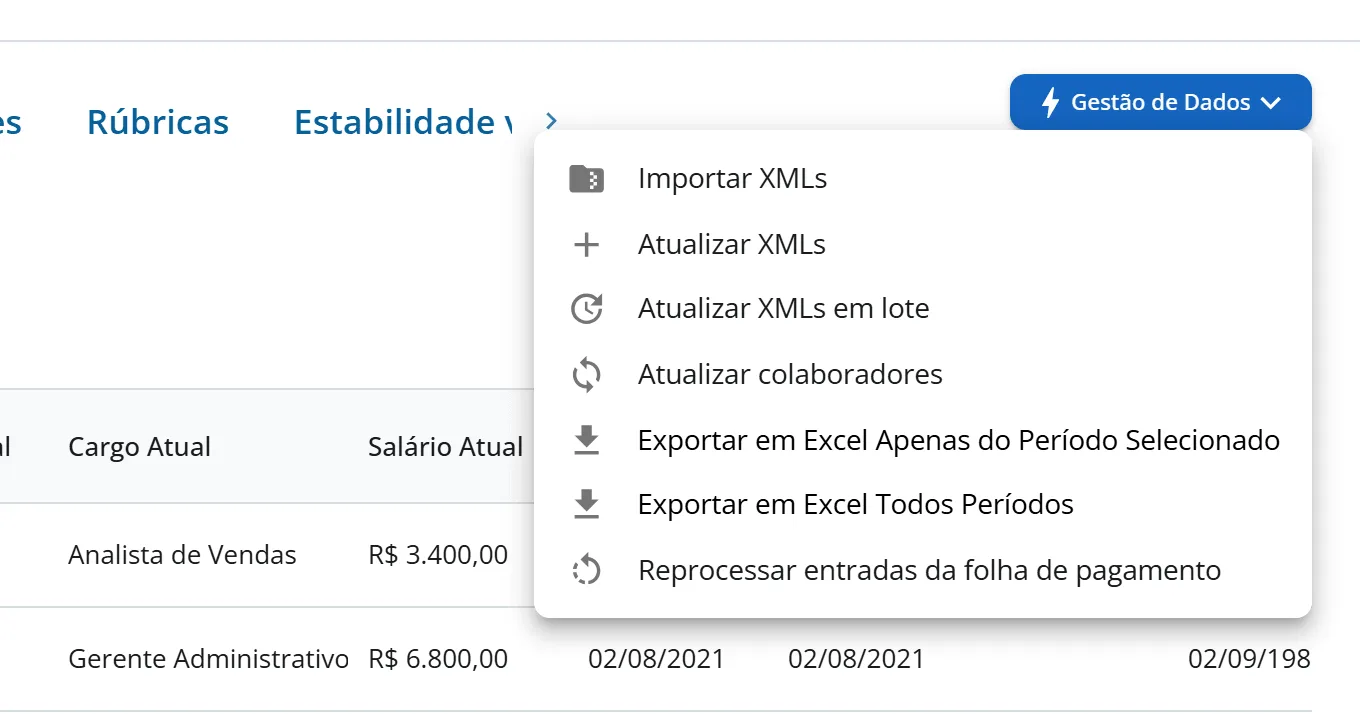Janela Configuração da Integração Folha da Aurora Comércio Ltda, na aba Colaboradores, com o menu Gestão de Dados aberto mostrando todos os itens