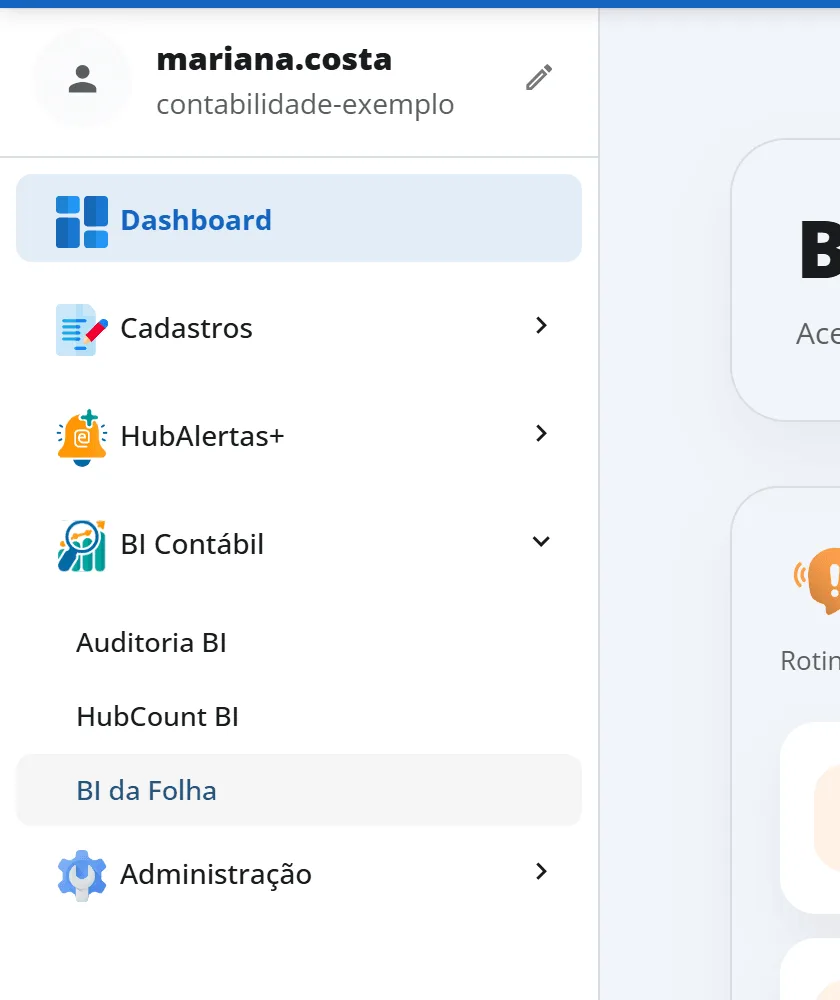 Menu lateral com BI Contábil aberto mostrando HubCount BI, Auditoria BI e BI da Folha em último, e o cursor sobre BI da Folha