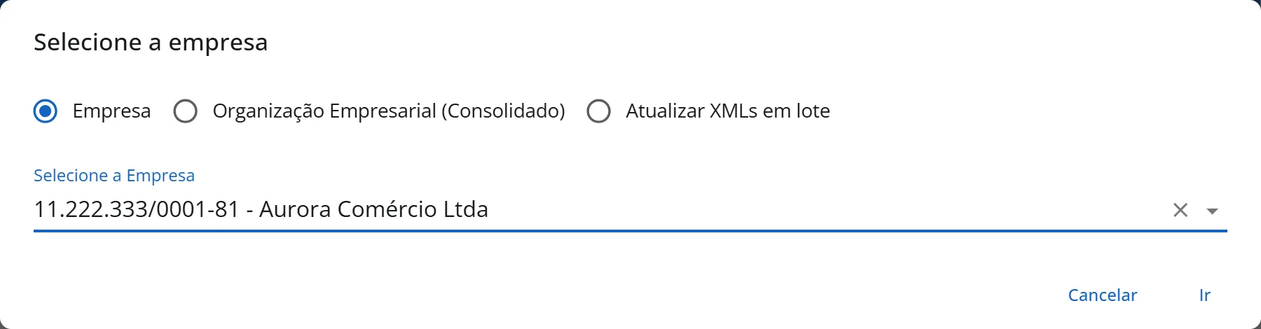 Janela Selecione a empresa aberta pelo menu BI da Folha, com a opção Empresa marcada e a Aurora Comércio Ltda escolhida
