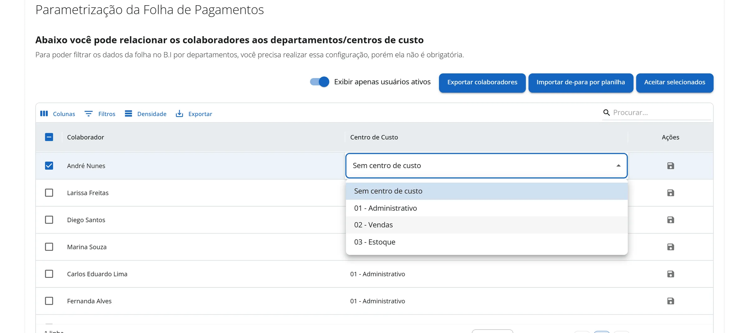 Aba Departamentos vs Colaboradores da Aurora com um colaborador em edição escolhendo o departamento Vendas