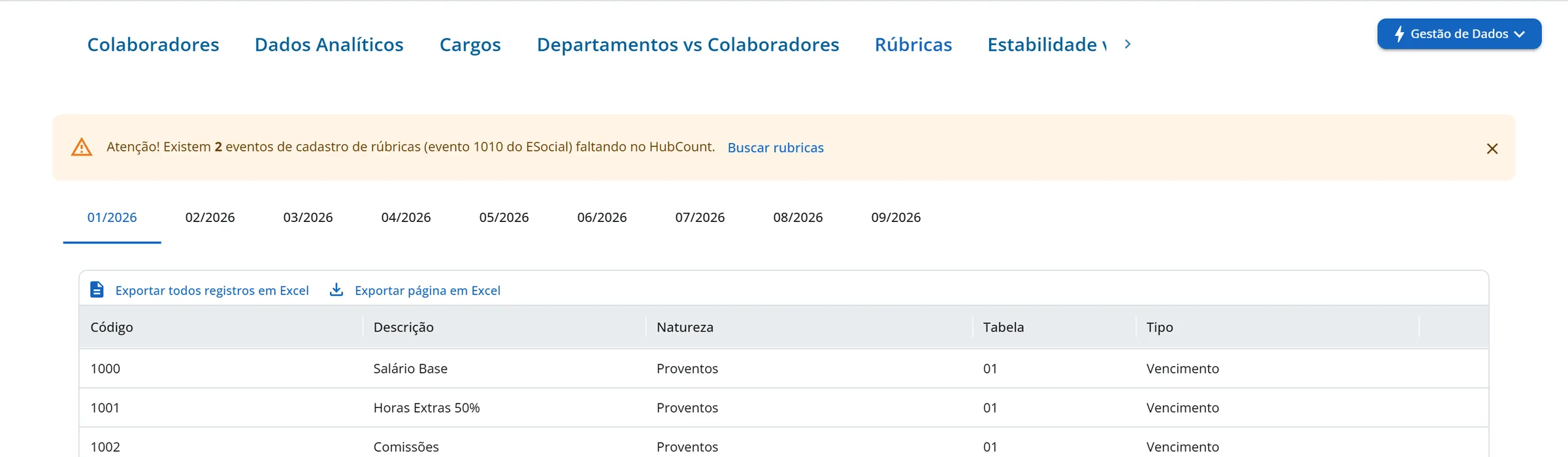 Aba Rúbricas da Aurora com a faixa amarela Atenção! Existem 2 eventos de cadastro de rúbricas (evento 1010 do ESocial) faltando no HubCount e o botão Buscar rubricas