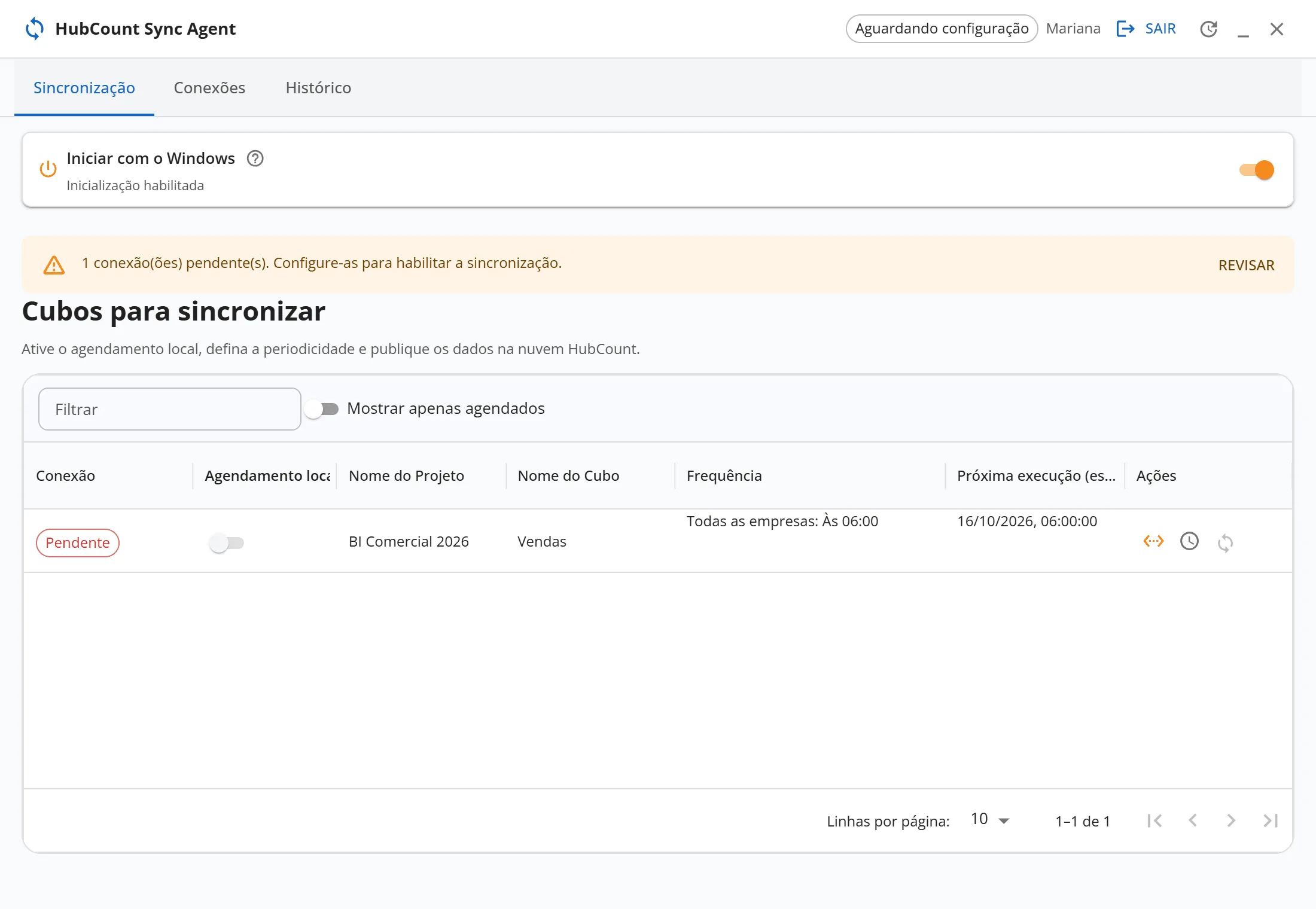 HubCount Sync Agent (desktop), aba Sincronização com o aviso amarelo ”1 conexão(ões) pendente(s). Configure-as para habilitar a sincronização.” com o botão Revisar, e o cubo ”Vendas” com a etiqueta Pendente