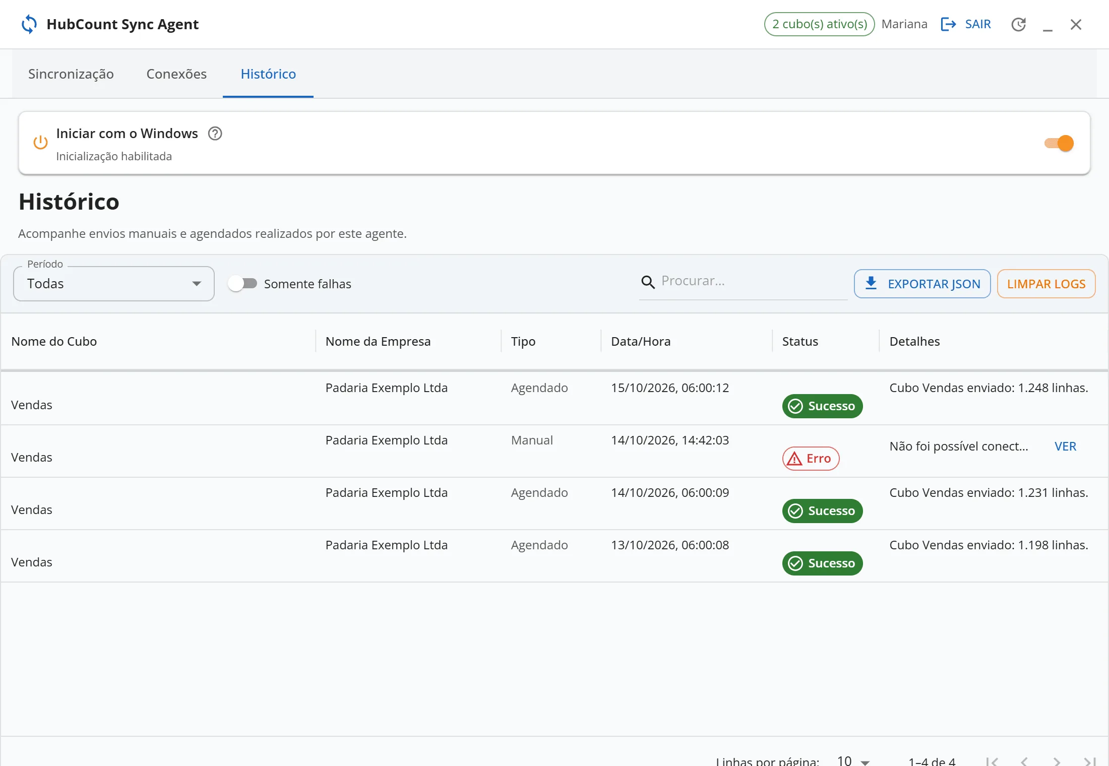 HubCount Sync Agent (desktop), aba Histórico com 4 envios do cubo ”Vendas”: 3 Agendado com Sucesso e 1 Manual com Erro, com o filtro Somente falhas visível