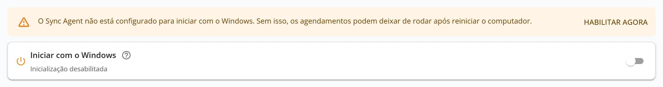 HubCount Sync Agent (desktop), faixa amarela ”O Sync Agent não está configurado para iniciar com o Windows...” com o botão Habilitar agora, e o cartão Iniciar com o Windows com o interruptor
