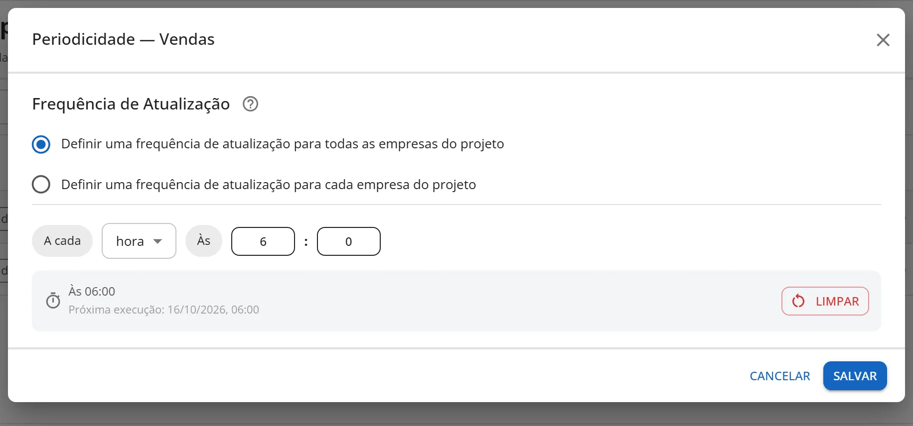 HubCount Sync Agent (desktop), janela de periodicidade do cubo ”Vendas” com ”Definir uma frequência de atualização para todas as empresas do projeto” marcada e a frequência ”A cada dia às 06:00”