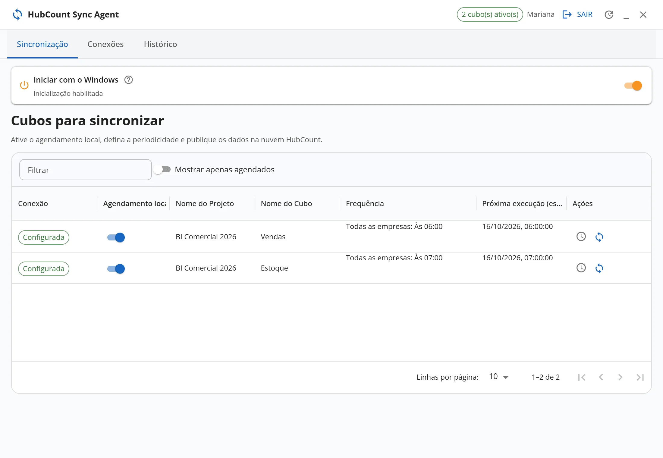 HubCount Sync Agent (desktop), aba Sincronização com os cubos ”Vendas” e ”Estoque” do projeto ”BI Comercial 2026”, conexão Configurada, interruptor Agendamento local ligado e a próxima execução preenchida