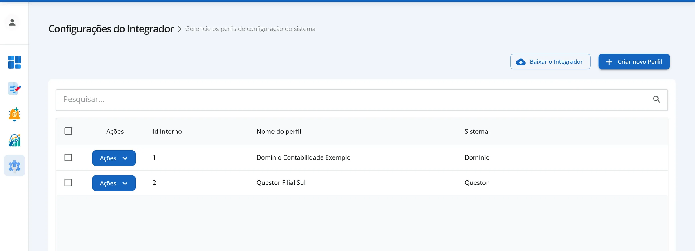 Tela Configurações do Integrador no HubCount BI Web, com dois perfis na lista: Domínio Contabilidade Exemplo (sistema Domínio) e Questor Filial Sul (sistema Questor)