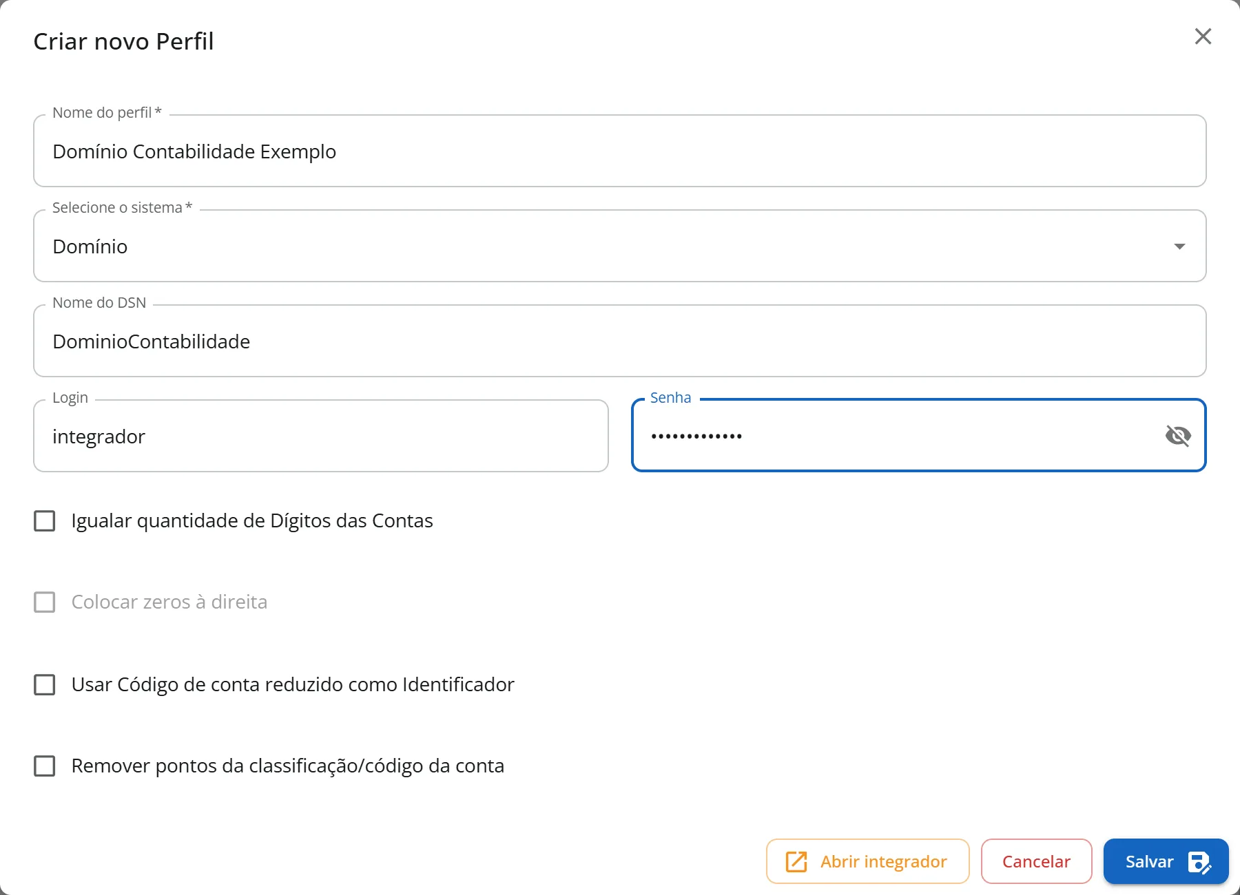 Janela Criar novo Perfil do HubCount BI Web com Nome do perfil Domínio Contabilidade Exemplo, sistema Domínio, Nome do DSN DominioContabilidade, Login e Senha preenchidos (senha oculta) e as cinco caixas de opções de contas desmarcadas