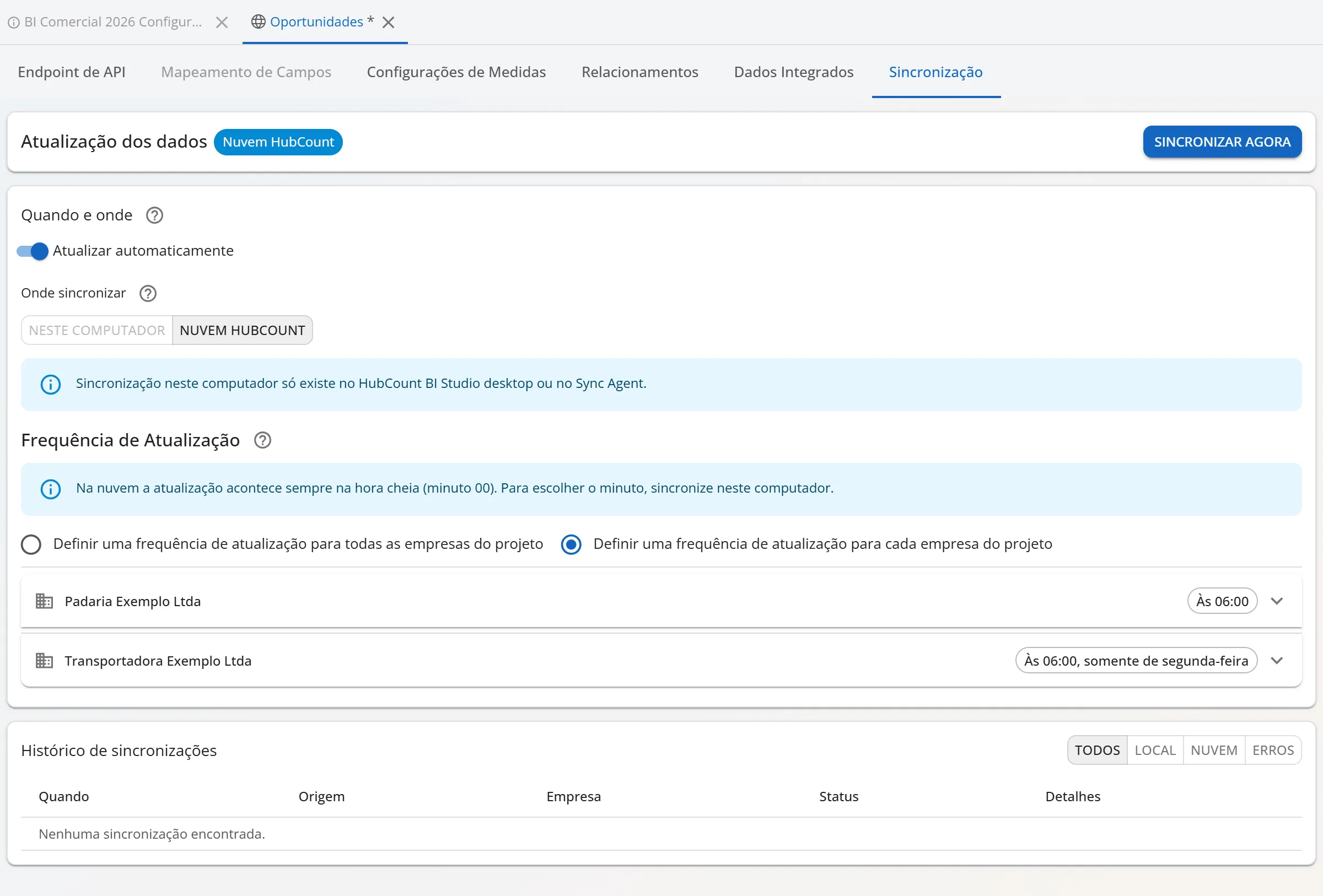 HubCount BI Studio (navegador), cubo ”Oportunidades” na aba Sincronização com Onde sincronizar em Nuvem HubCount, Neste computador desativado e o aviso azul de que a sincronização neste computador só existe no HubCount BI Studio desktop ou no Sync Agent