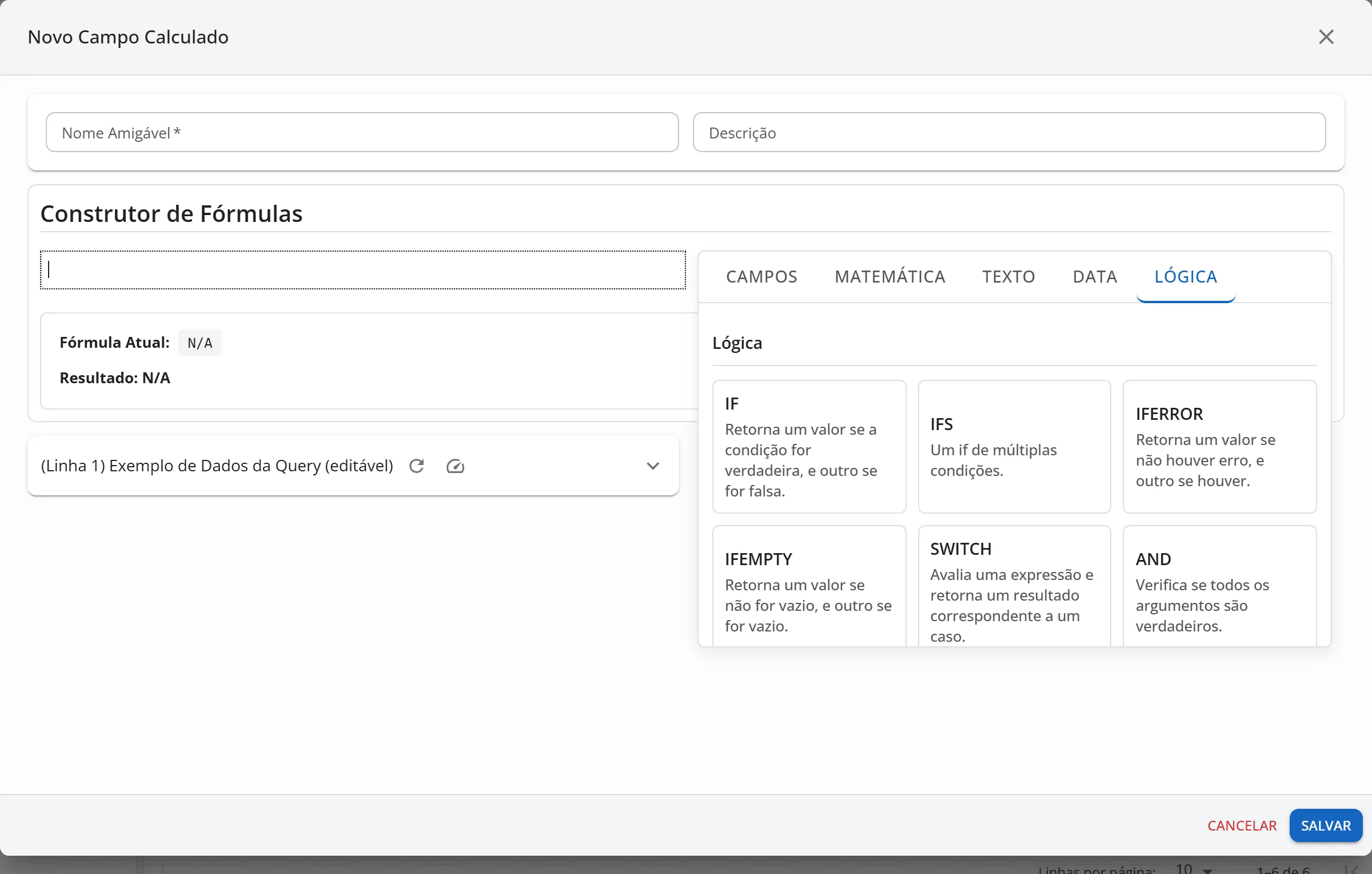Painel de funções do Construtor de Fórmulas na aba Lógica, com os cartões IF, IFS, IFERROR, IFEMPTY, SWITCH e AND e a descrição de cada uma