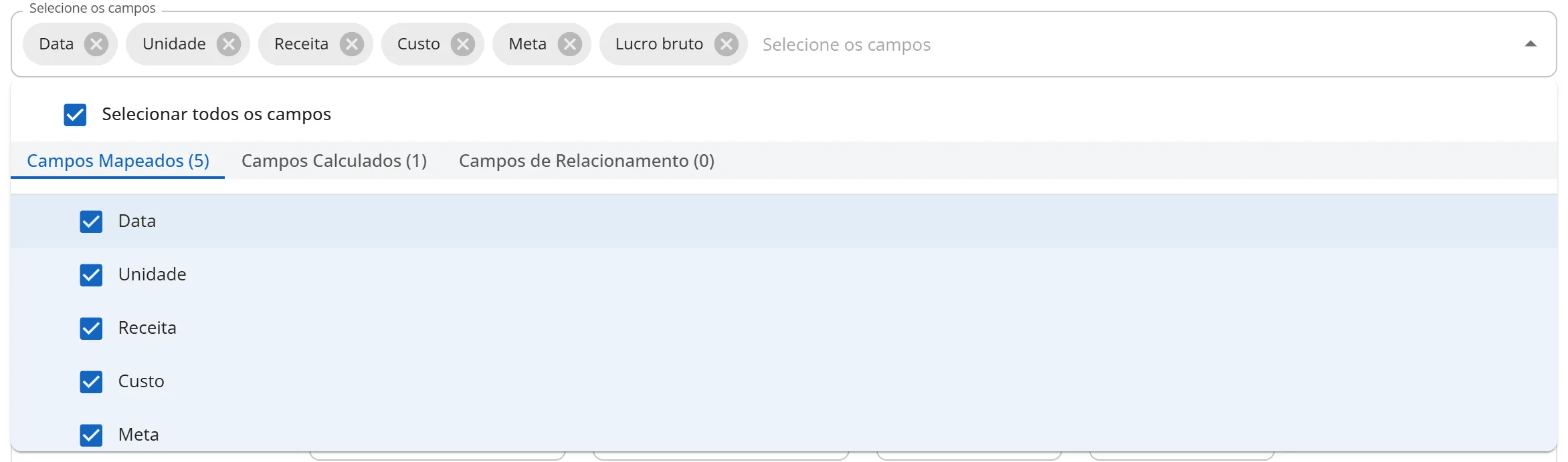 Lista Selecione os campos aberta, com Selecionar todos os campos marcado e as abas Campos Mapeados, Campos Calculados e Campos de Relacionamento