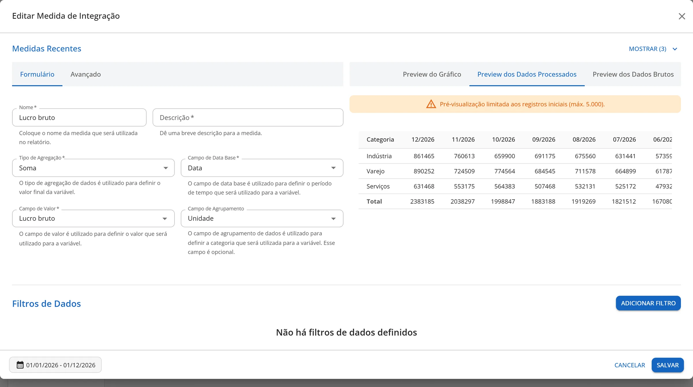 Janela Editar Medida de Integração com a aba Preview dos Dados Processados aberta, mostrando a tabela com os valores calculados da medida
