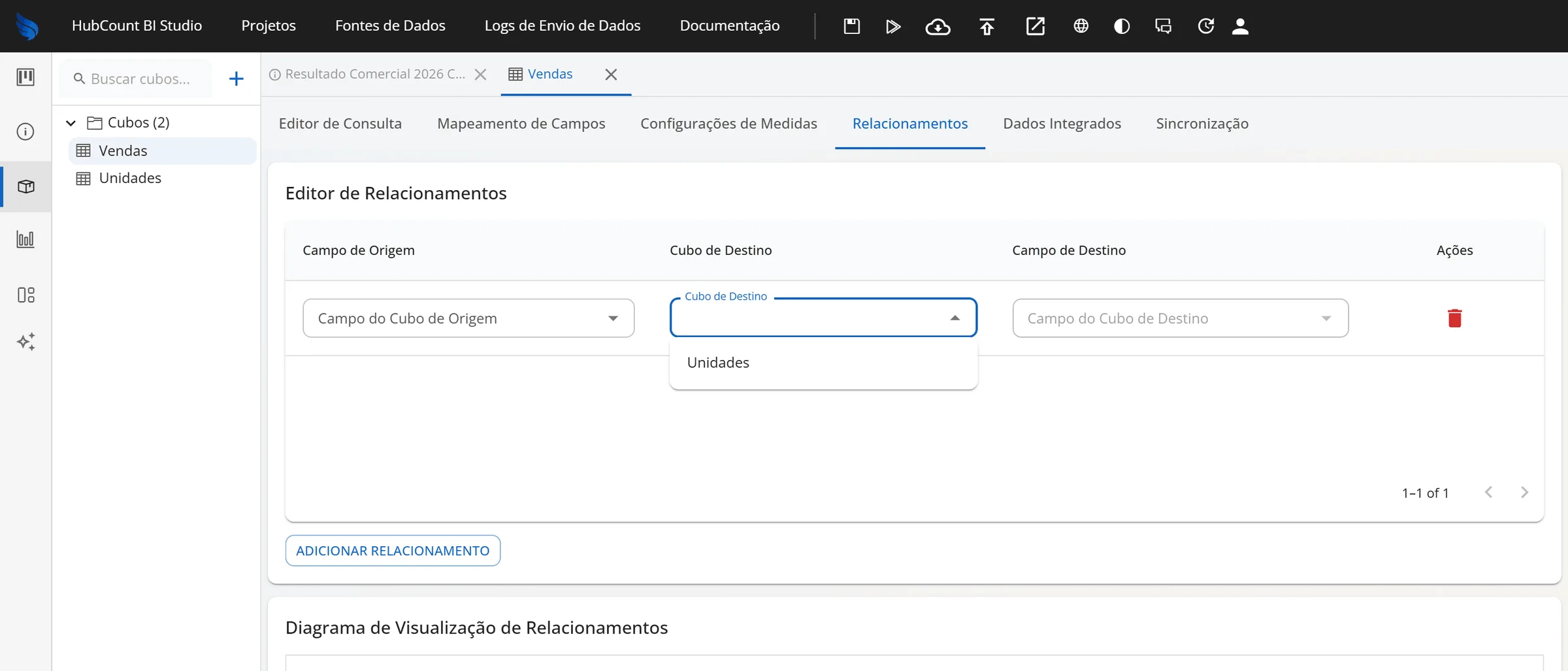 Editor de Relacionamentos com a lista Cubo de Destino aberta mostrando o cubo Unidades
