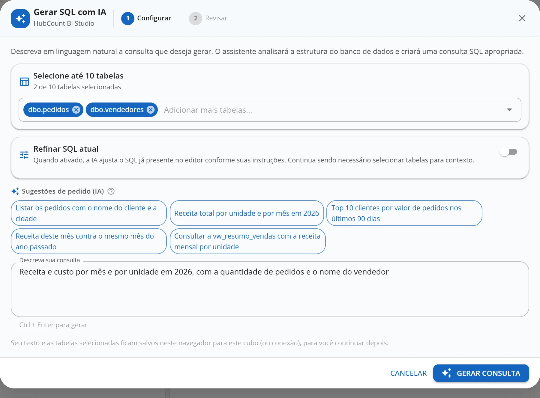 Janela Gerar SQL com IA no passo Configurar, com as tabelas dbo.pedidos e dbo.vendedores escolhidas, o botão Refinar SQL atual desligado, cinco sugestões de pedido e o pedido: Receita e custo por mês e por unidade em 2026, com a quantidade de pedidos e o nome do vendedor