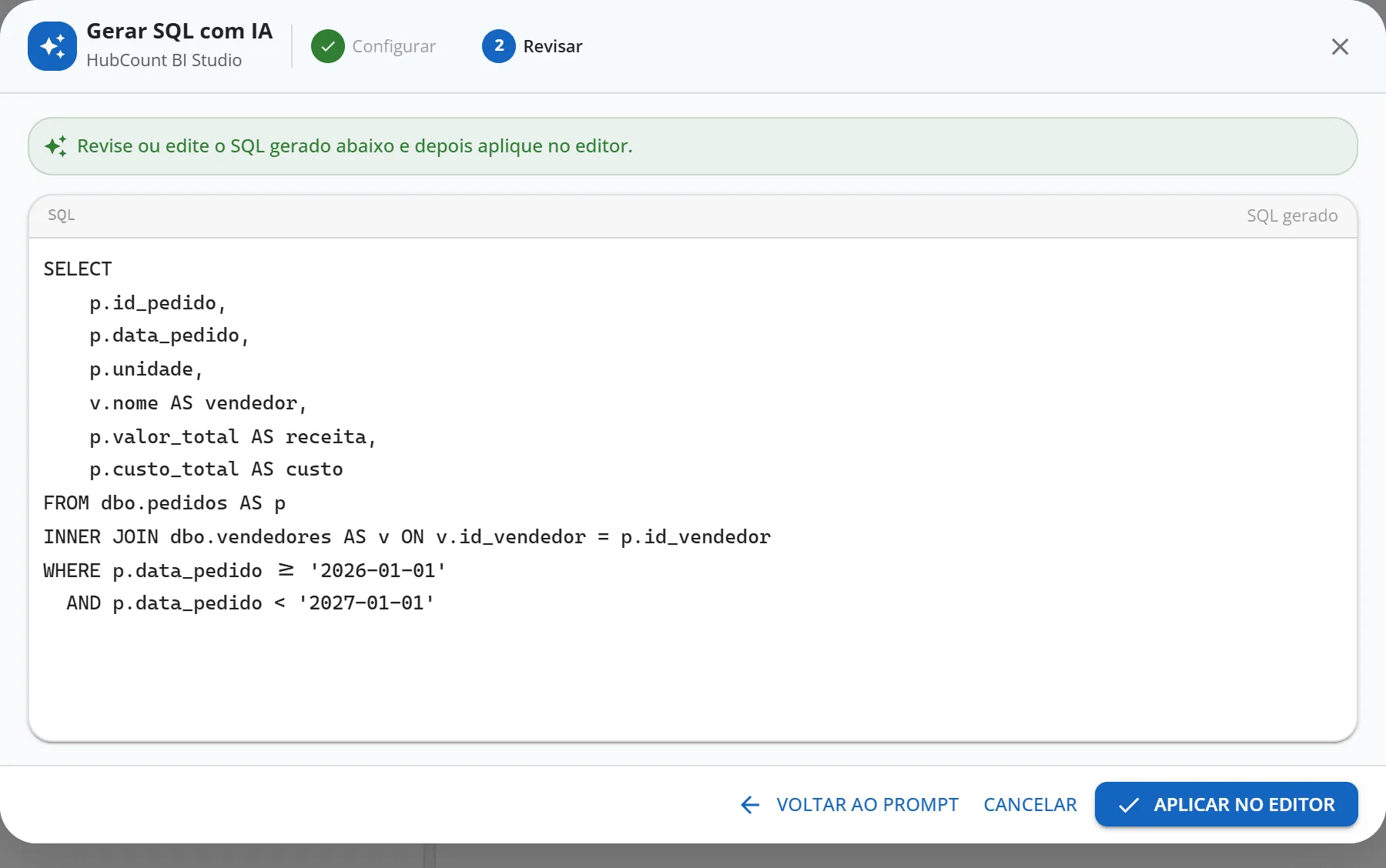 Janela Gerar SQL com IA no passo Revisar, com a consulta SELECT gerada, que junta dbo.pedidos e dbo.vendedores, e os botões Voltar ao prompt, Cancelar e Aplicar no editor