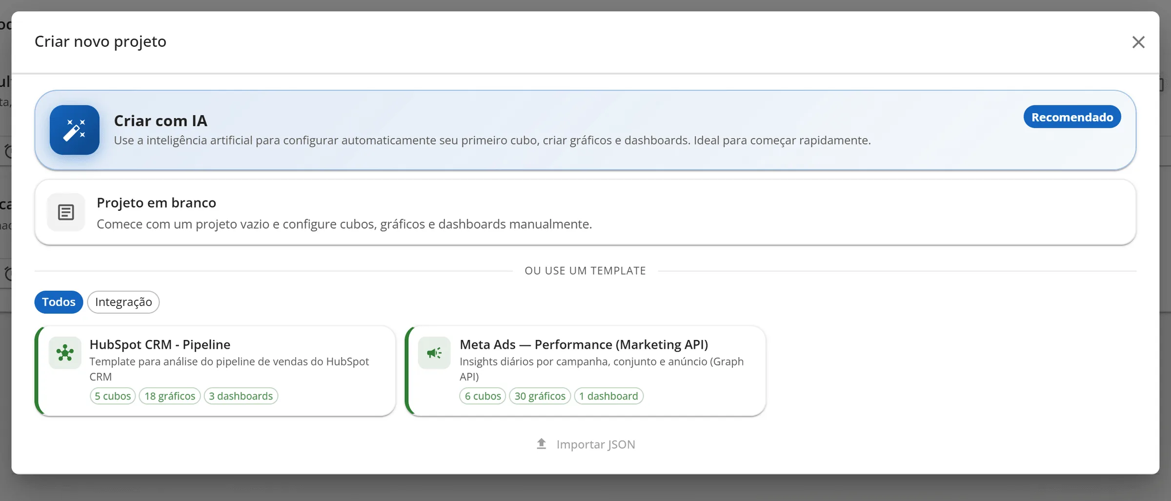 Janela Criar novo projeto com as opções Criar com IA e Projeto em branco, os modelos prontos e o botão Importar JSON