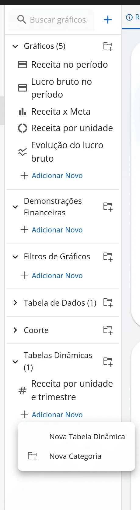 Menu de gráficos com a seção Tabelas Dinâmicas aberta e o menu Nova Tabela Dinâmica