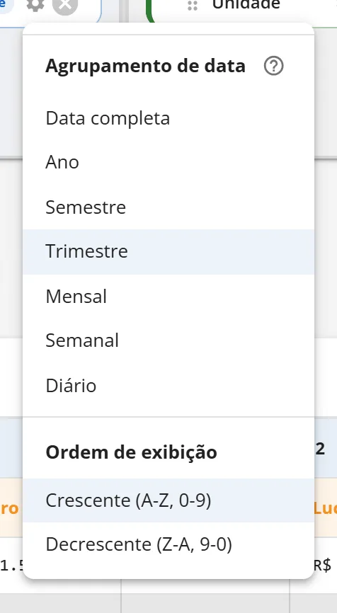 Menu do campo Data com Agrupamento de data em Trimestre e Ordem de exibição crescente