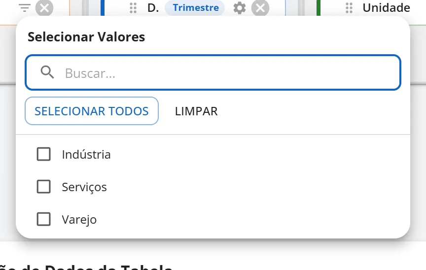 Janela Selecionar Valores do filtro Unidade com a busca e as opções Indústria, Serviços e Varejo