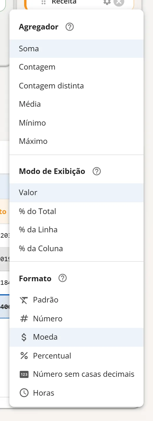 Menu do campo Receita com Agregador, Modo de Exibição e Formato, com Soma, Valor e Moeda marcados