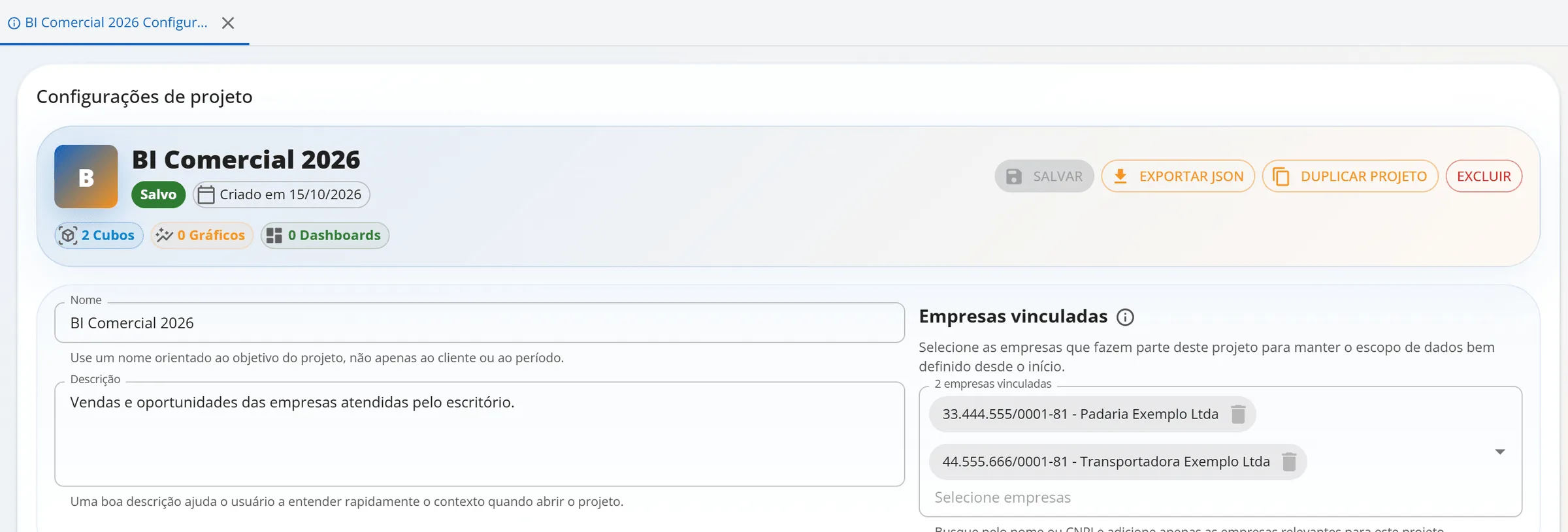 Configurações de projeto do BI Comercial 2026 com a seção Empresas vinculadas mostrando a Padaria Exemplo Ltda e a Transportadora Exemplo Ltda