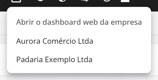 Menu aberto pelo ícone Abrir dashboard web, com o título Abrir o dashboard web da empresa e as empresas Aurora Comércio Ltda e Padaria Exemplo Ltda
