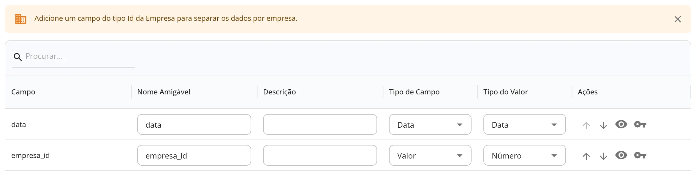 Aba Mapeamento de Campos de um cubo de webhook sem campo Id da Empresa, com o aviso amarelo no topo e o botão de fechar