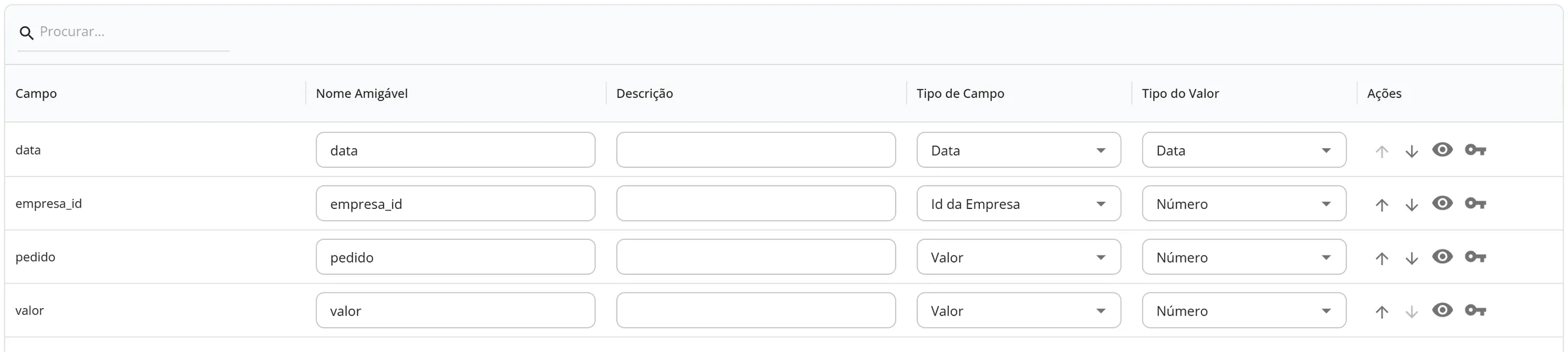 Aba Mapeamento de Campos de um cubo de webhook com o campo empresa_id marcado na coluna Tipo de Campo como Id da Empresa, e os campos pedido, data e valor ao lado
