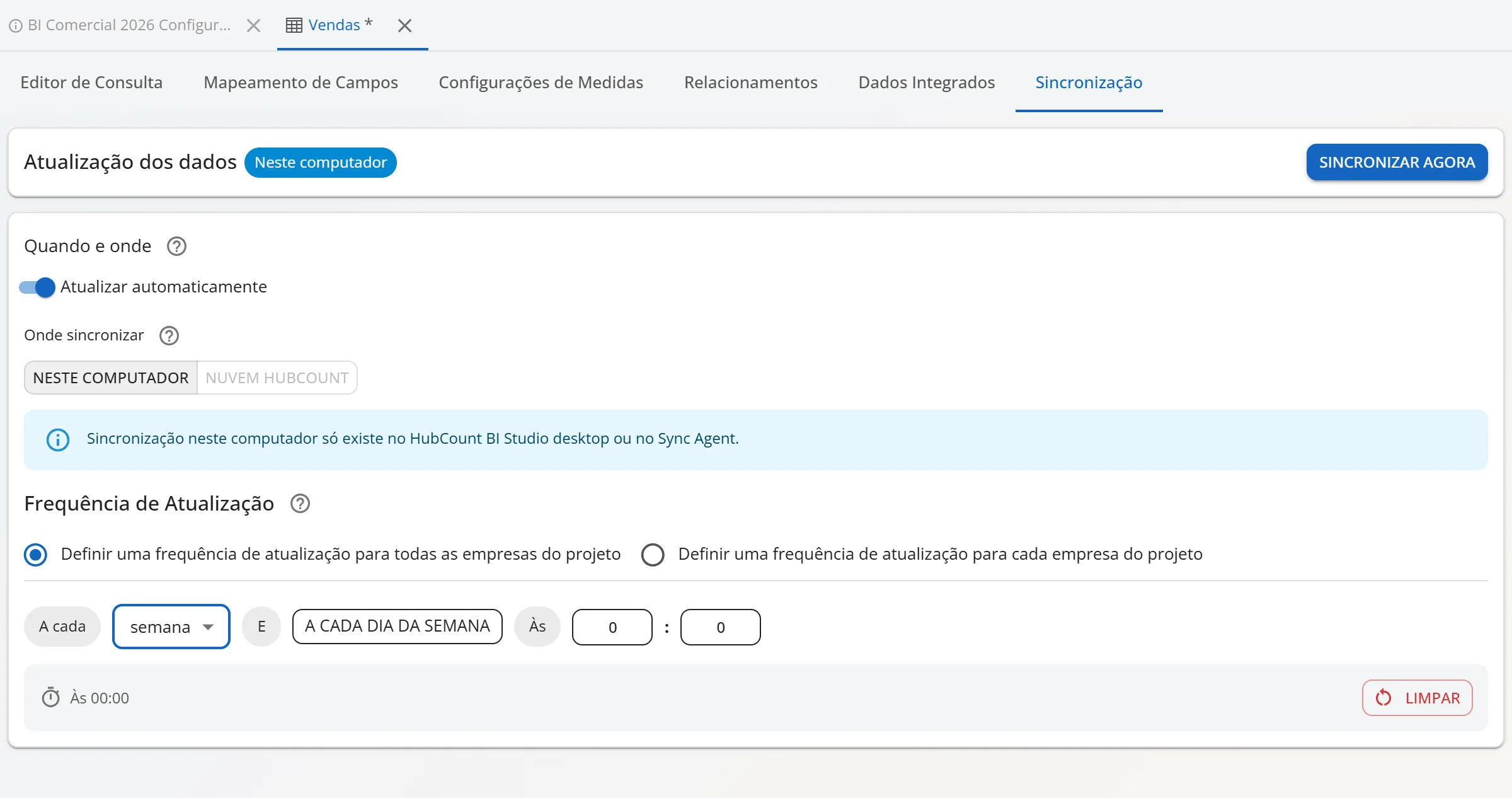 Frequência de Atualização com A cada semana, os campos A cada dia da semana, A cada hora e A cada minuto, e o aviso de que a frequência mínima é de 1 hora