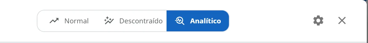 Seletor de tom no topo da janela, com as opções Normal, Descontraído e Analítico, a opção Analítico marcada, e a engrenagem e o X à direita