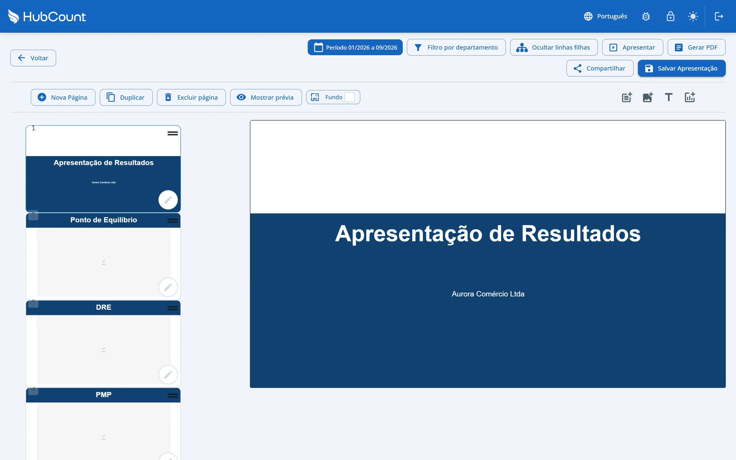 Editor de apresentação com a lista de slides à esquerda, o slide de abertura Apresentação de Resultados da Aurora Comércio Ltda aberto à direita e, no topo, os botões Voltar, Apresentar, Gerar PDF, Compartilhar e Salvar Apresentação, além de Nova Página, Duplicar e Excluir página