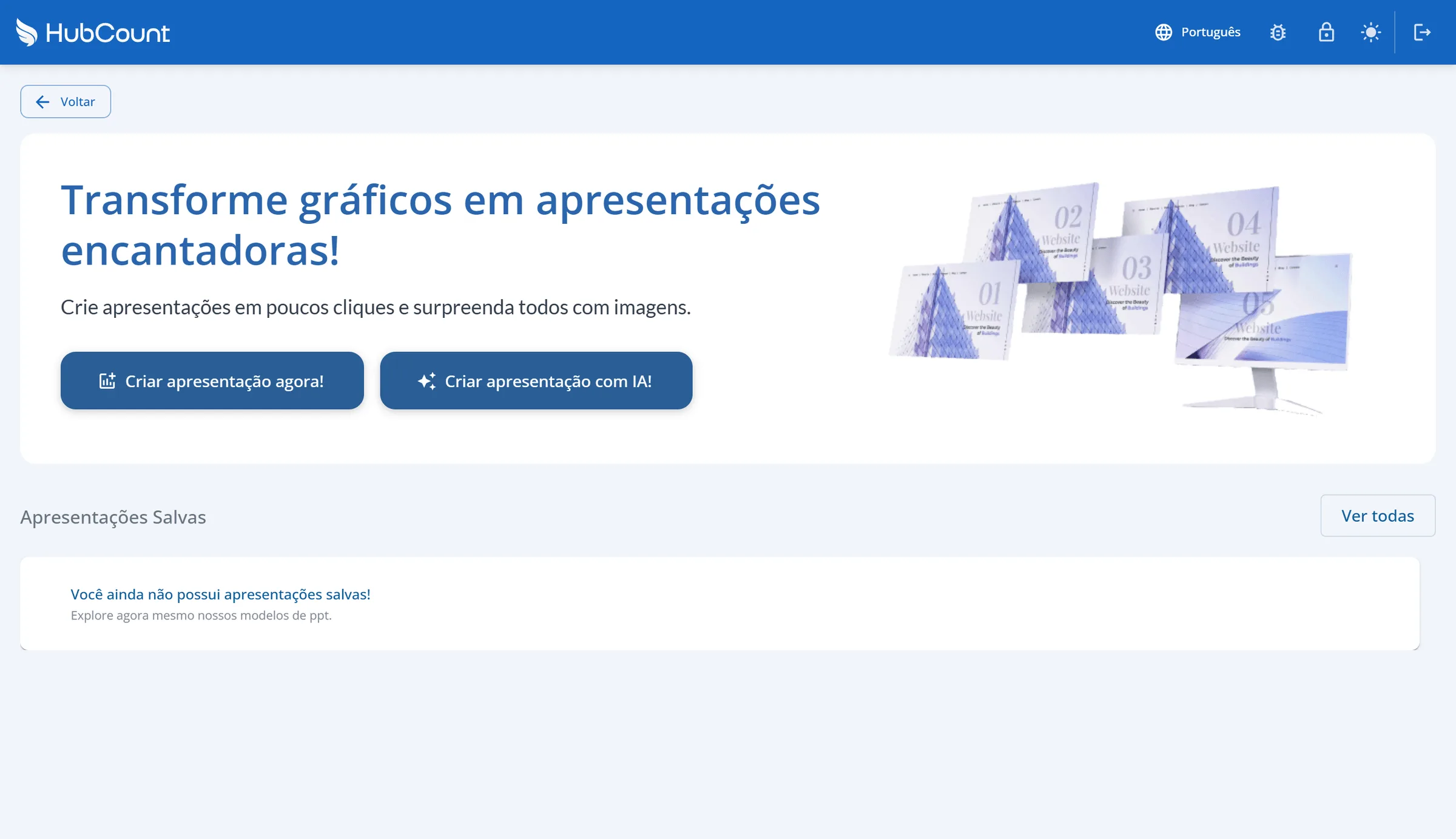 Página Transforme gráficos em apresentações encantadoras! com os botões Criar apresentação agora! e Criar apresentação com IA!, o botão Voltar e, embaixo, Apresentações Salvas com o aviso de que ainda não há apresentações salvas e o botão Ver todas